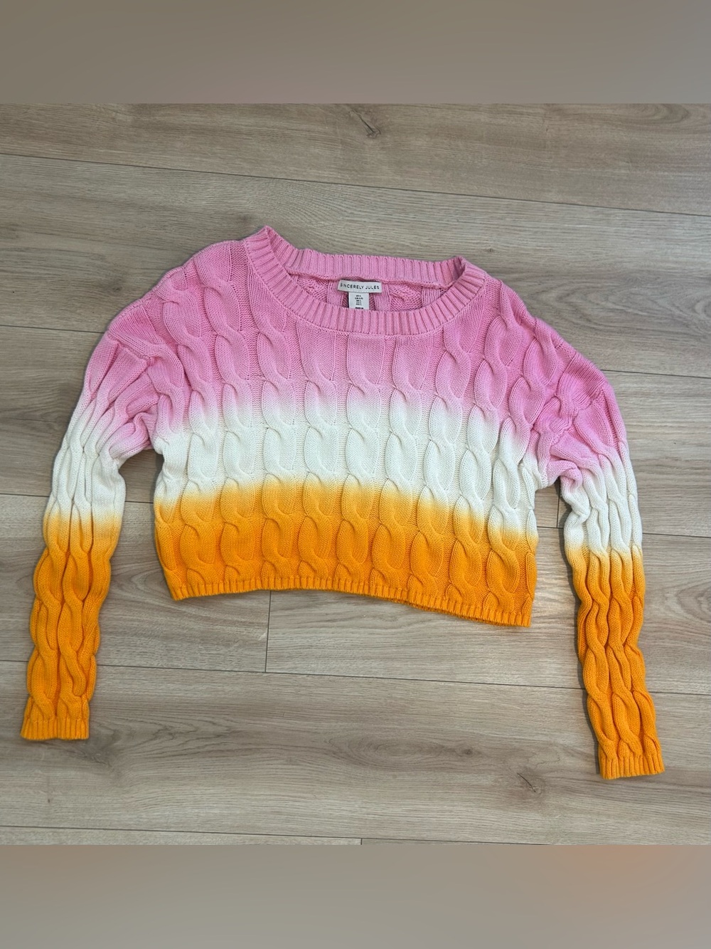Sincerly Jules Pink, White & Orange Ombre Cable Knit Crop Sweater